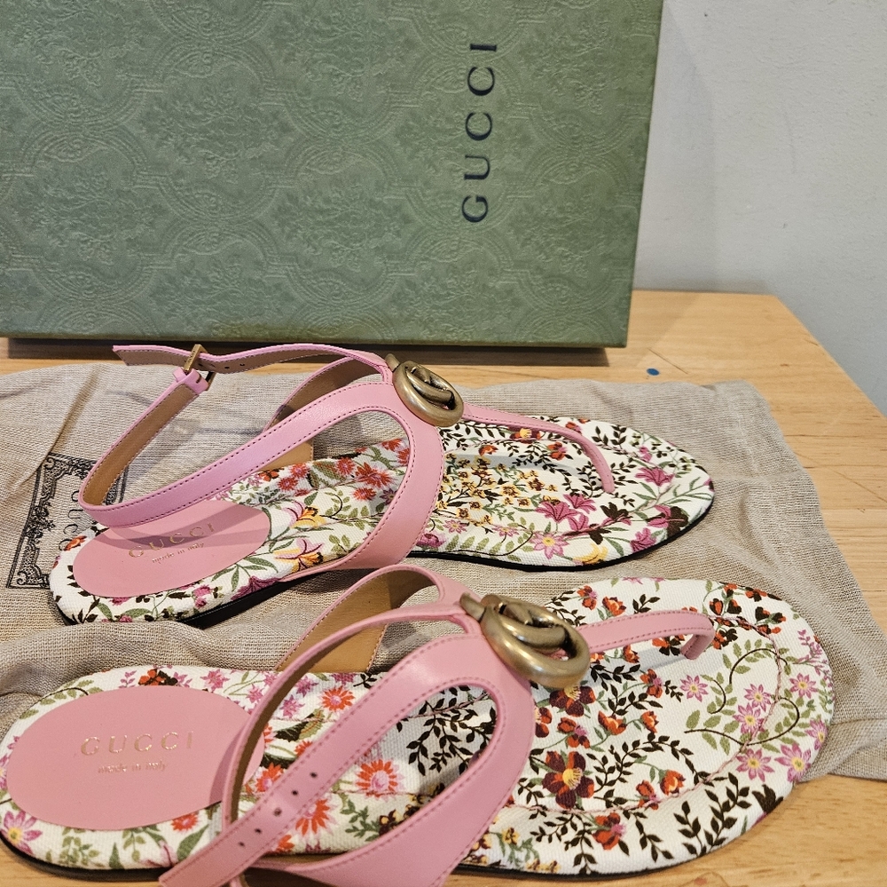 NWT$790 GUCCI Double G Marmont Floral Leather Thong Flat Sandal Slides Sz 39 - Picture 3 of 9